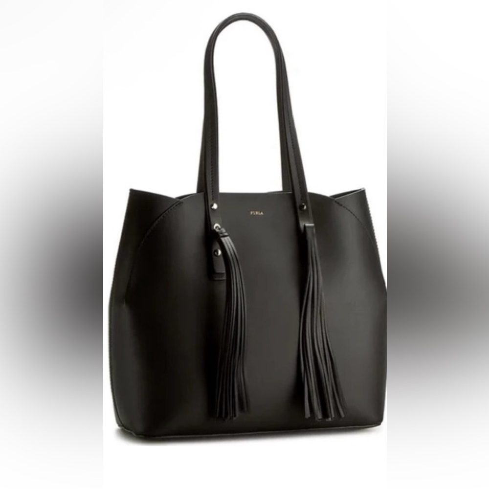 Furla FLE Aurora Black Leather Onyx Tassel Shoulder Bag
